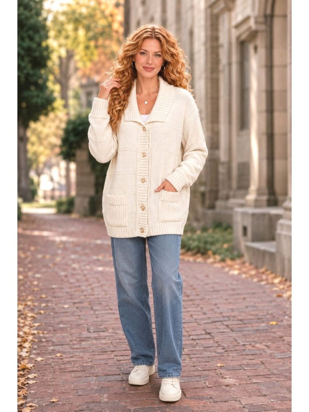 Wye Oaks 46 Cream Knit Button Cardigan Oversized Vintage Korea Retro Aesthetic